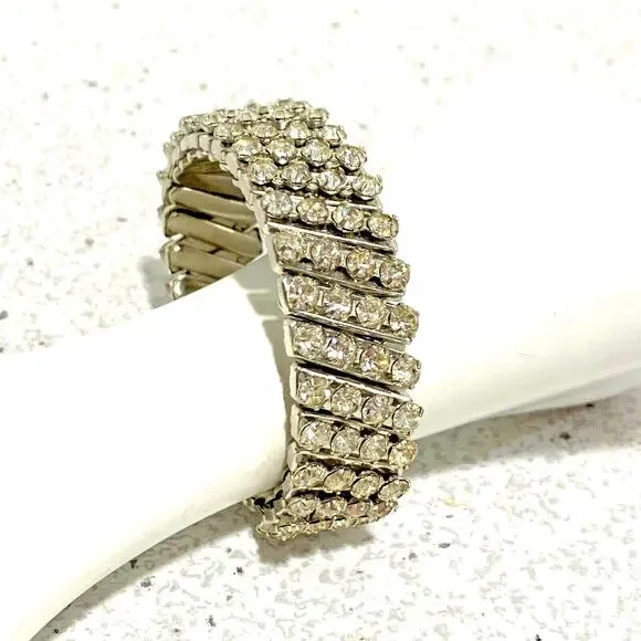 Vintage Mid Century Accordion Stretch Bracelet Silver Tone & White Rhinestones - Picture 2 of 6